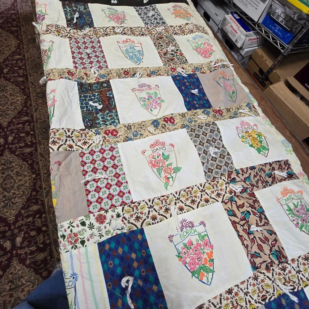 Vintage Handmade Quilt USA State Flowers Patchwork Folk Art Cottagecore 57x90